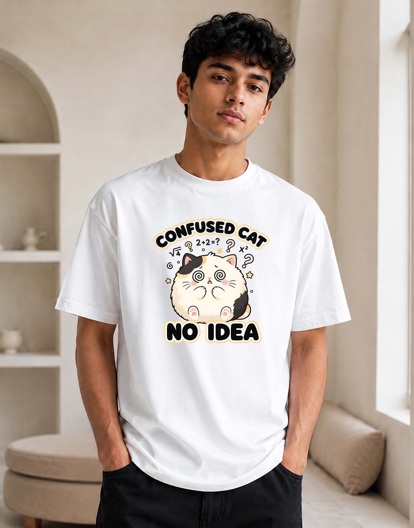 Confused Cat No Idea Funny Graphic T-Shirt | Cute Math Cat Meme Unisex Tee