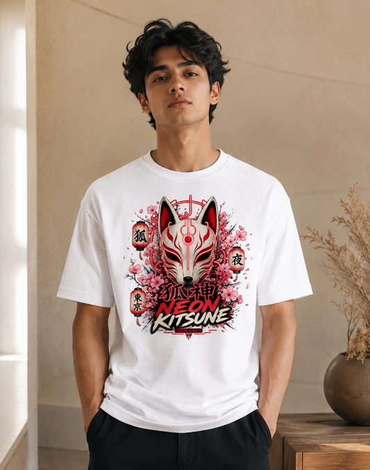 Neon Kitsune Japanese Fox Mask T-Shirt | Cyberpunk Tokyo Nights Anime Streetwear Tee