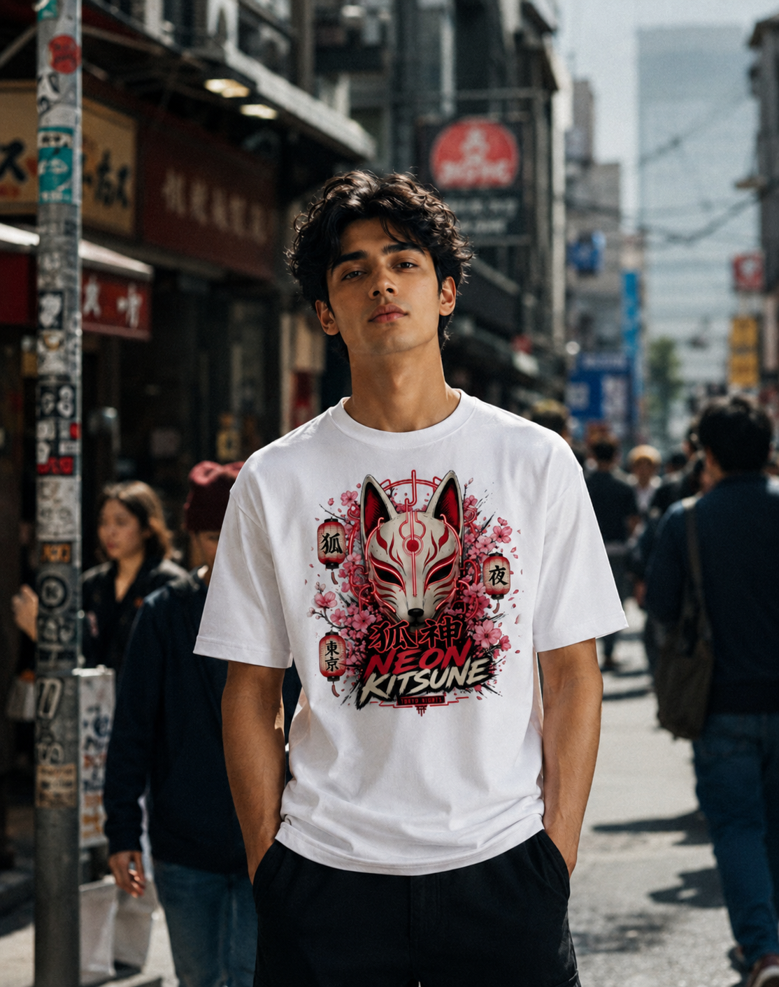 Neon Kitsune Japanese Fox Mask T-Shirt | Cyberpunk Tokyo Nights Anime Streetwear Tee