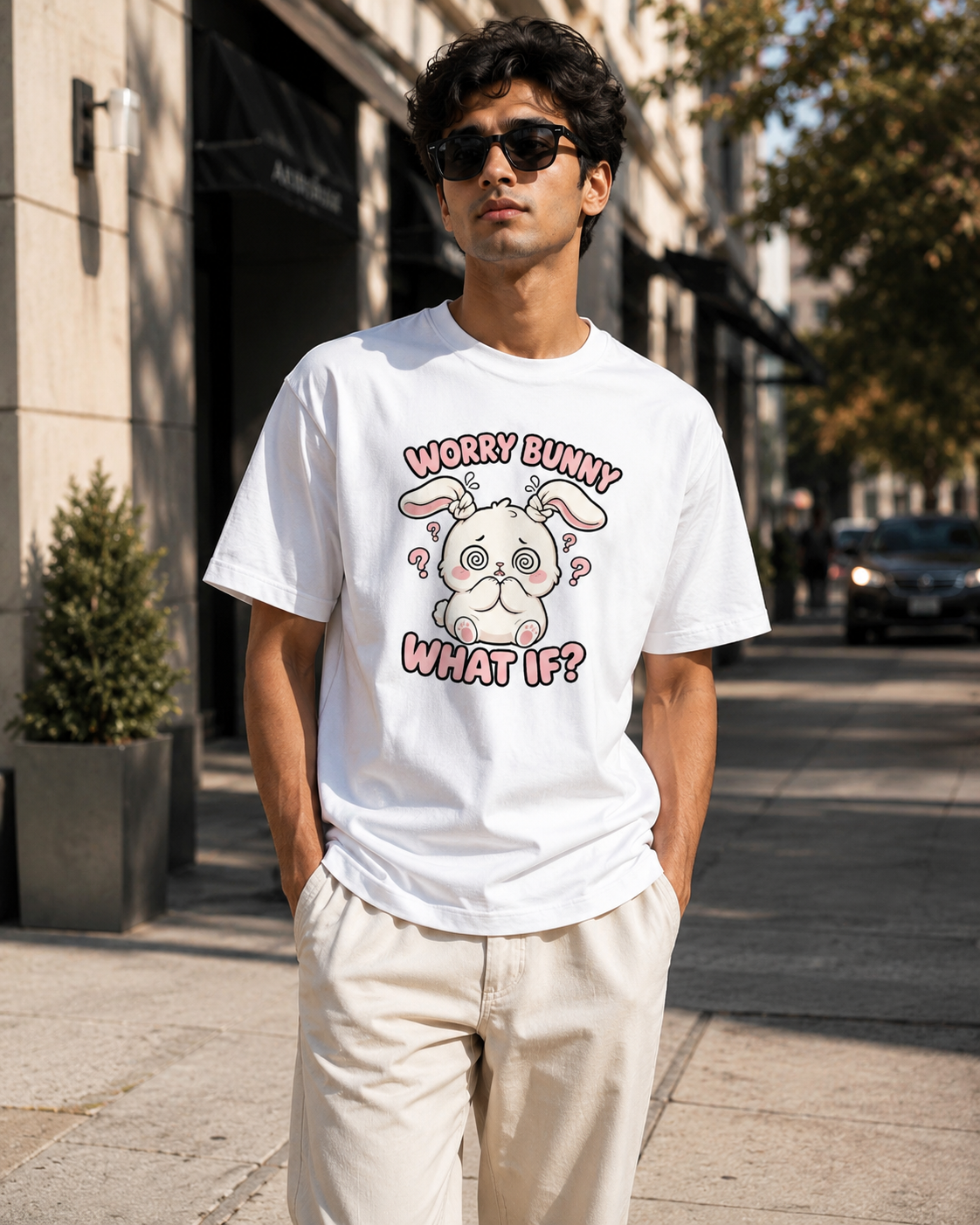 Worry Bunny What If? Cute Anxiety Bunny Graphic T-Shirt | Funny Overthinking Rabbit Tee
