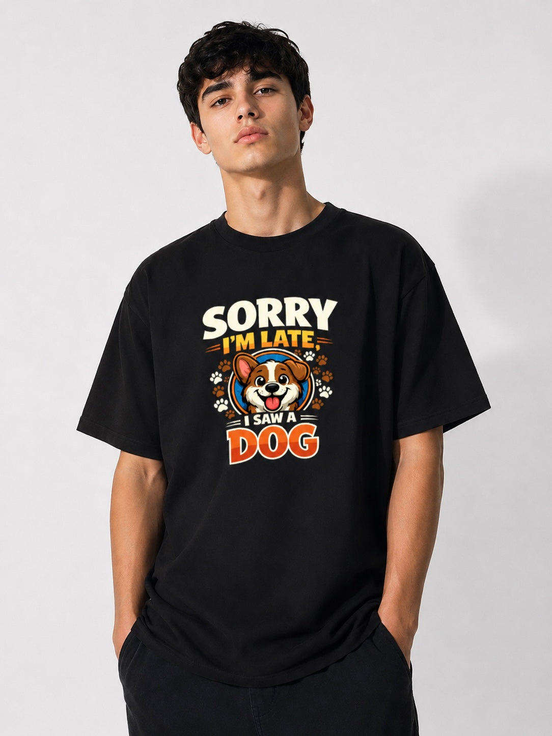 Sorry I’m Late, I Saw A Dog Oversized Black T-Shirt | Funny Dog Lover Graphic Tee
